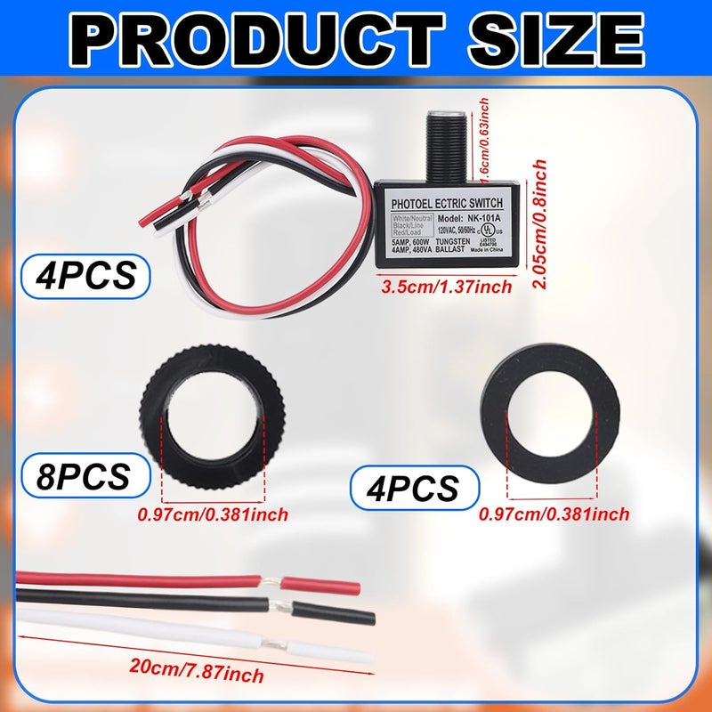 BTFO 4 Pcs 105V-130V AC Photocell Light Sensor Switch with 8 Nuts and 4 Washers, Dusk to Dawn Photoelectric Sensor with Auto On/Off for Outdoor Lighting Street Lights - Image 2